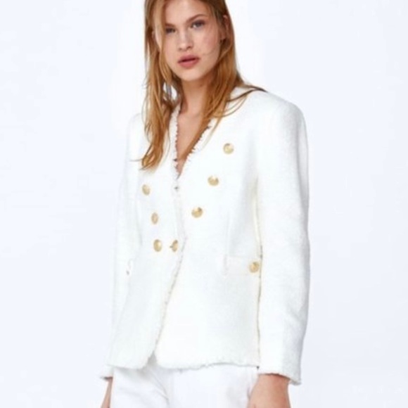 Zara Ivory Tweed Frayed Blazer (Like Balmain) Size XL Women Extra Large - Picture 1 of 16